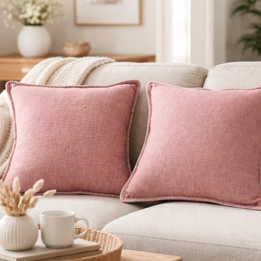 Set of 2 Dusty Pink Linen Throw Pillow Set - Square Accent Cushions - NWT